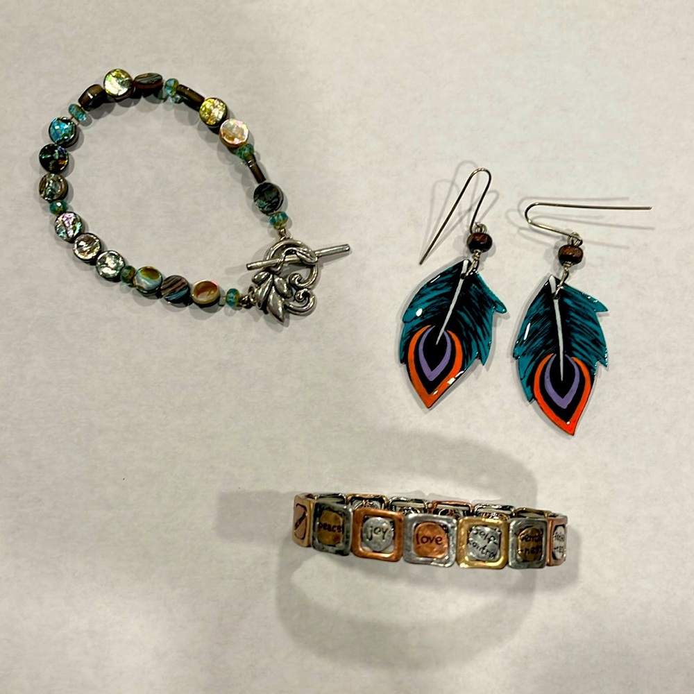 Grab bag of two bracelets and pair of earrings